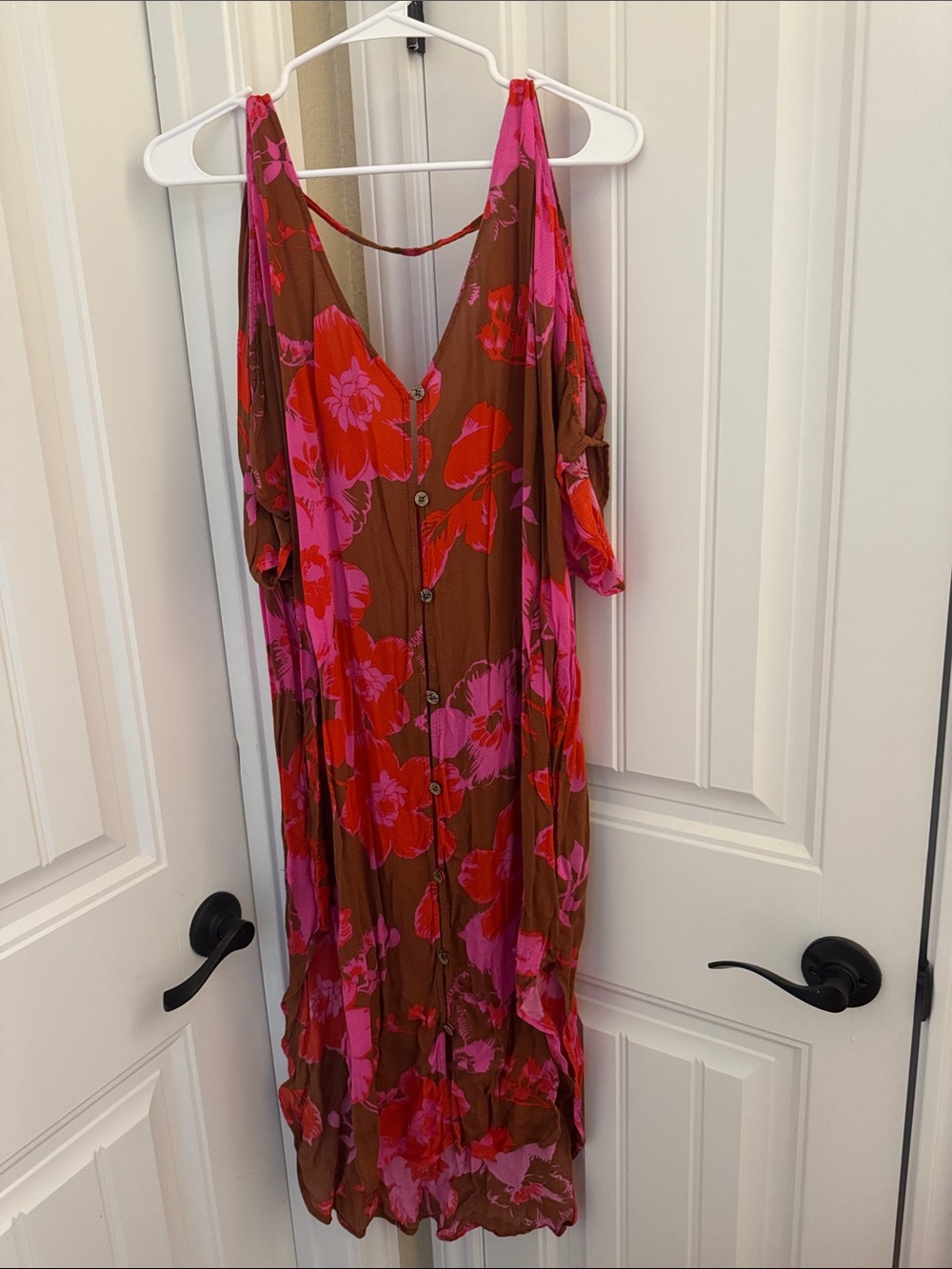 CAbi Brown Midi Dress with Pink & Red Floral Print
